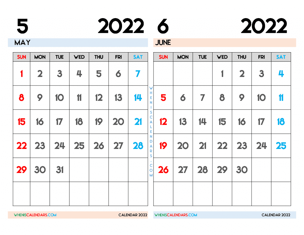 Free May June 2022 Calendar Printable PDF and Image Landscape Format