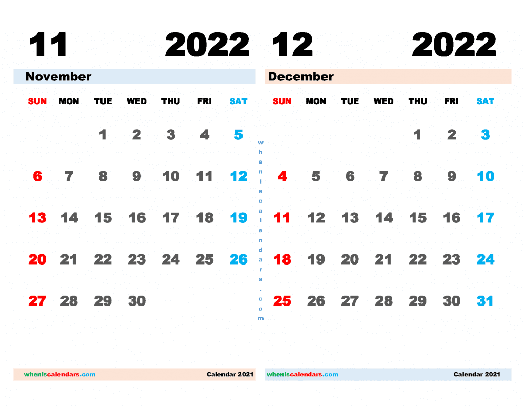 Nov Dec 2022 Calendar Free November December 2022 Calendar Printable Pdf - Freeprintme.com