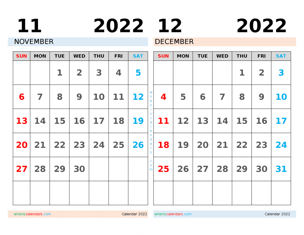 Free November December 2022 Calendar Printable PDF, Image