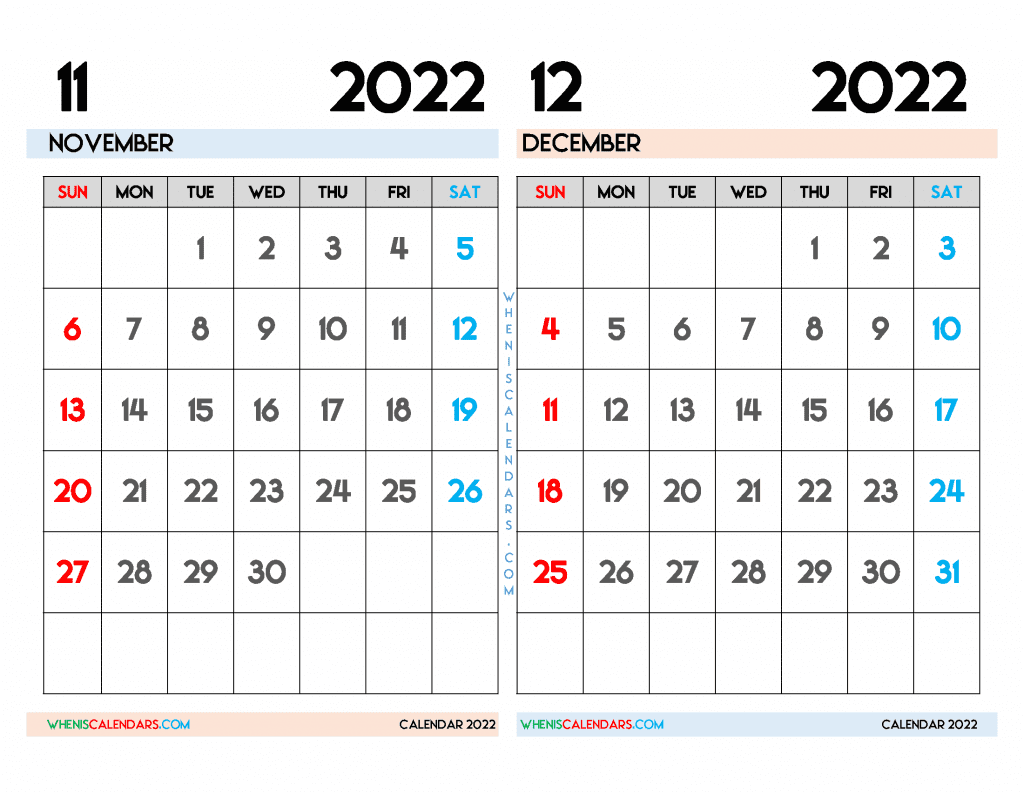 Free November December 2022 Calendar Printable PDF, Image