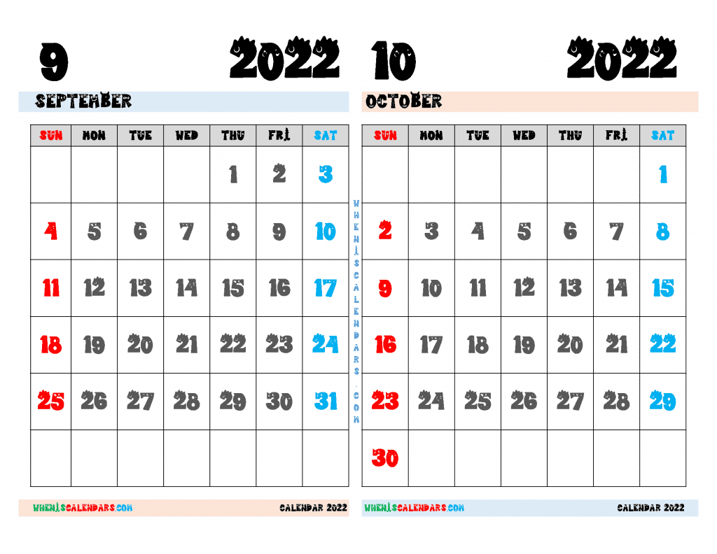 Free September October 2022 Calendar Printable PDF, Image