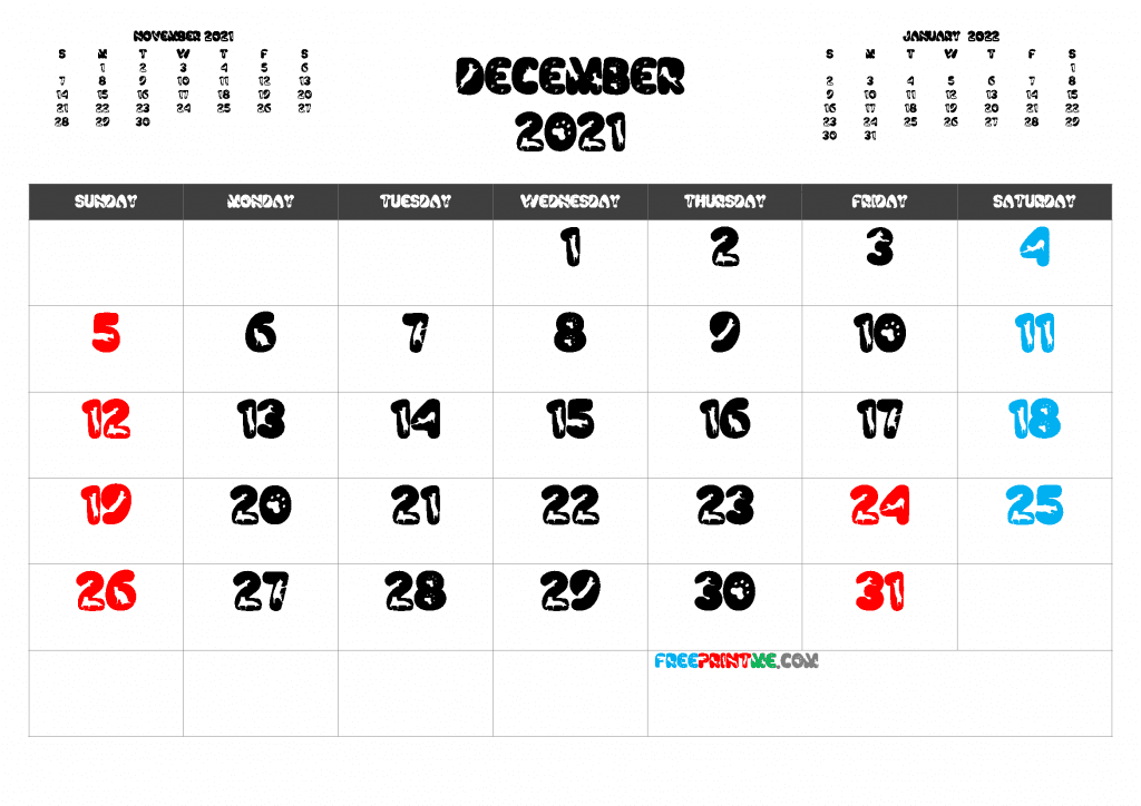 Free Printable December 2021 Calendar PDF, PNG Image