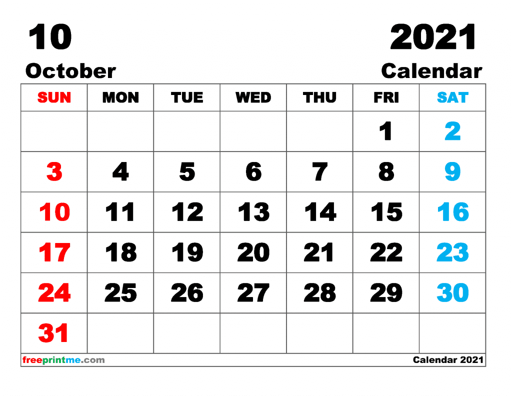 Free Printable October 2021 Calendar as PDF and Image