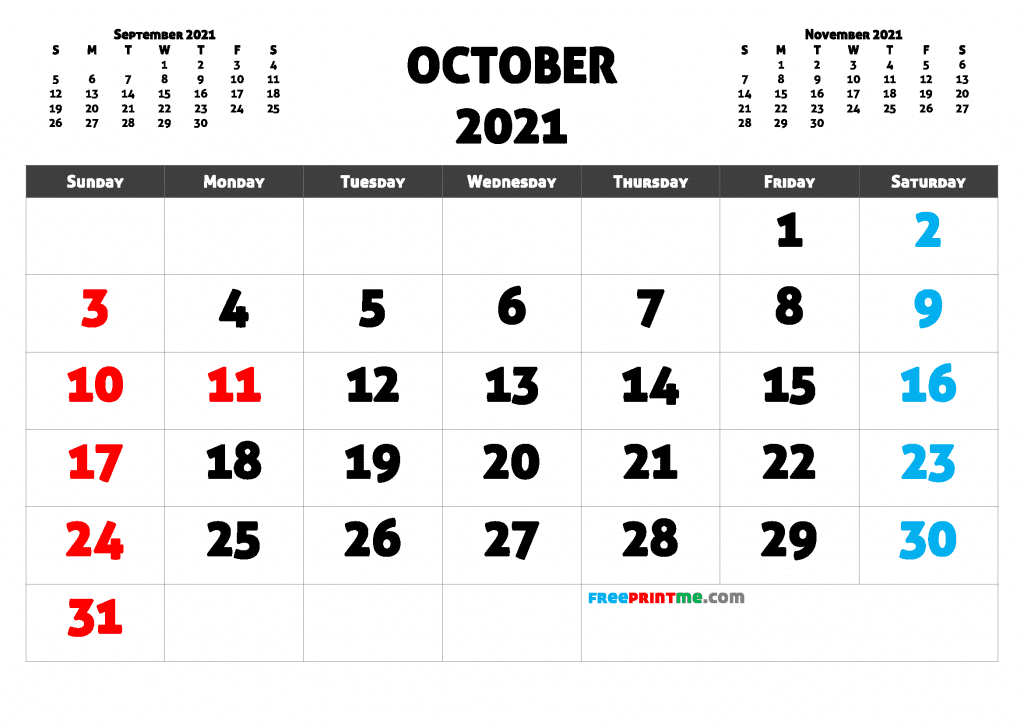 Free Printable October 2021 Calendar PDF, PNG Image