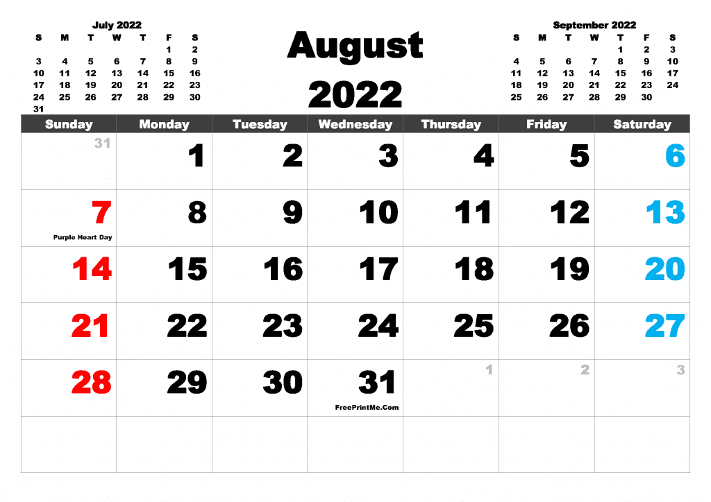 Free Printable August 2022 Calendar with Holidays as PDF and high resolution Image