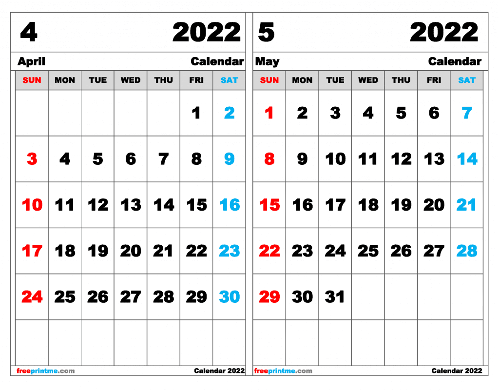 Free April May 2022 Calendar Printable (Variety of Sizes)