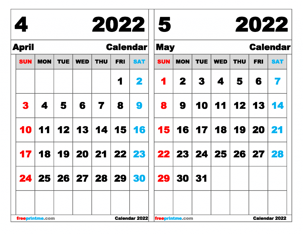 Free April May 2022 Calendar Printable Free Printable 2 Month Calendar 2022 (Variety of Sizes)