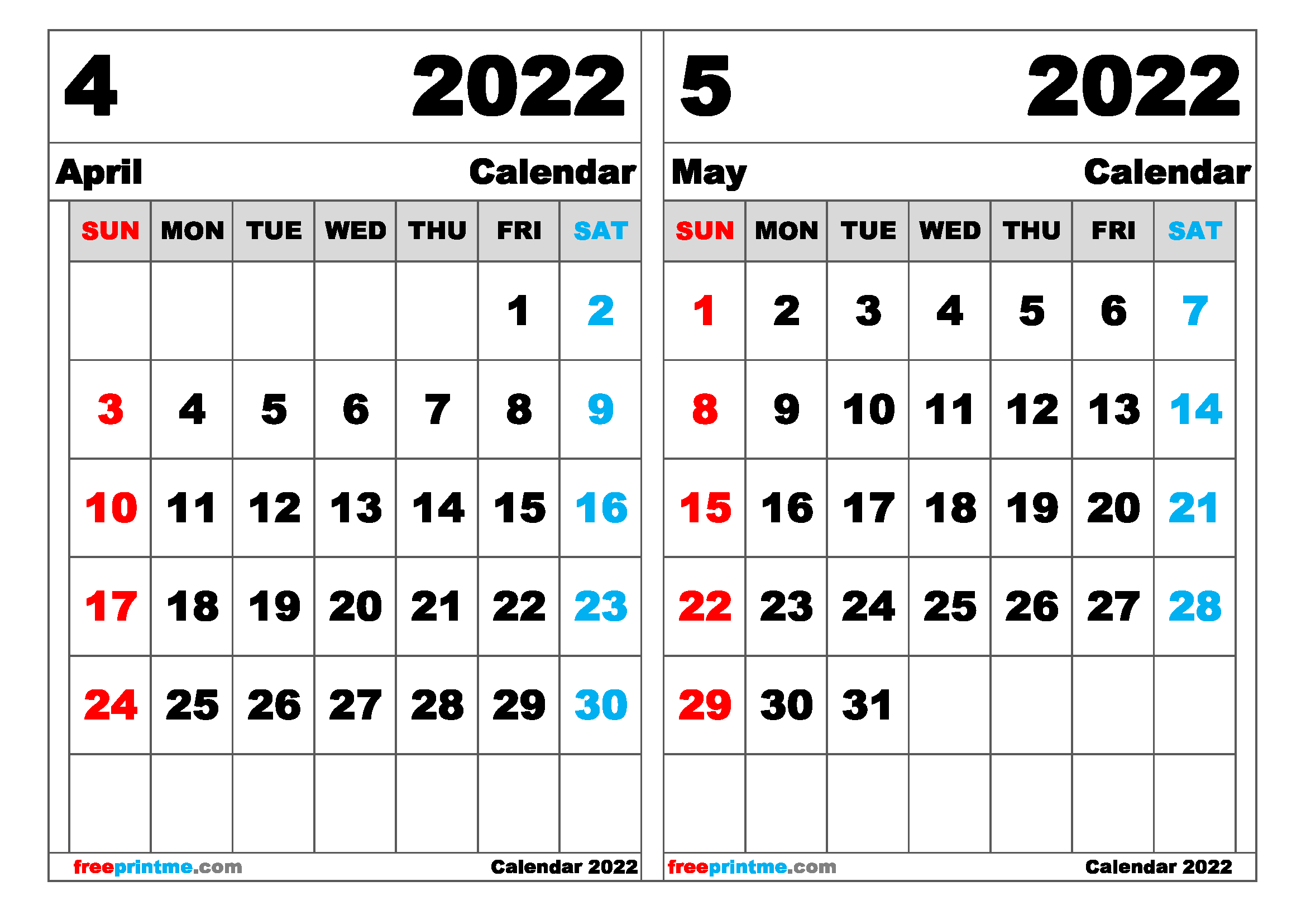 Free April May 2022 Calendar Printable (Variety of Sizes)
