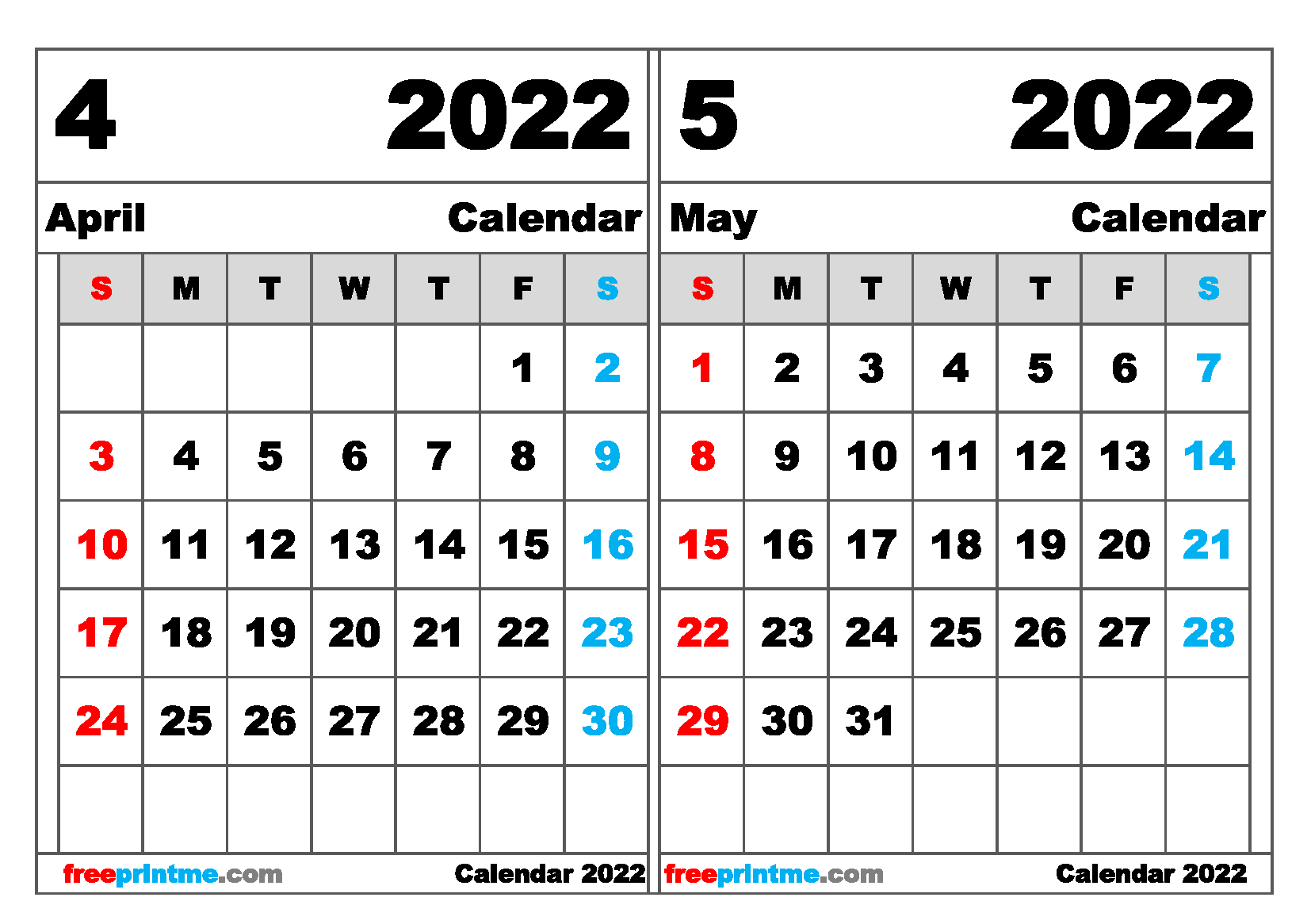 Free April May 2022 Calendar Printable Free Printable 2 Month Calendar 2022 (Variety of Sizes)