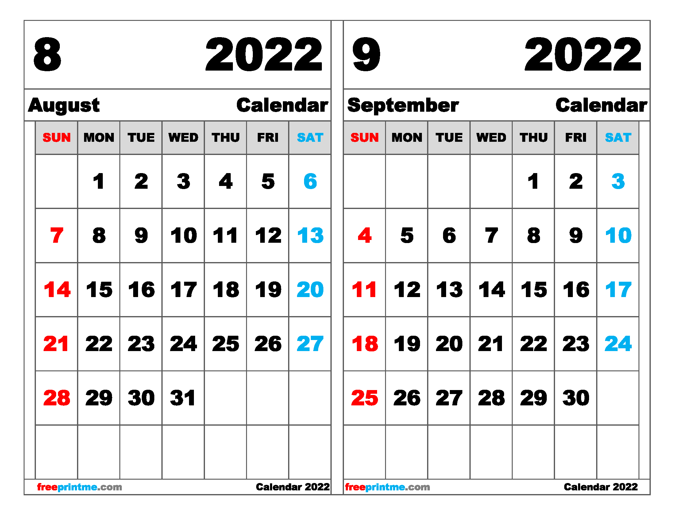 Free August September 2022 Calendar Printable Variety Of Sizes