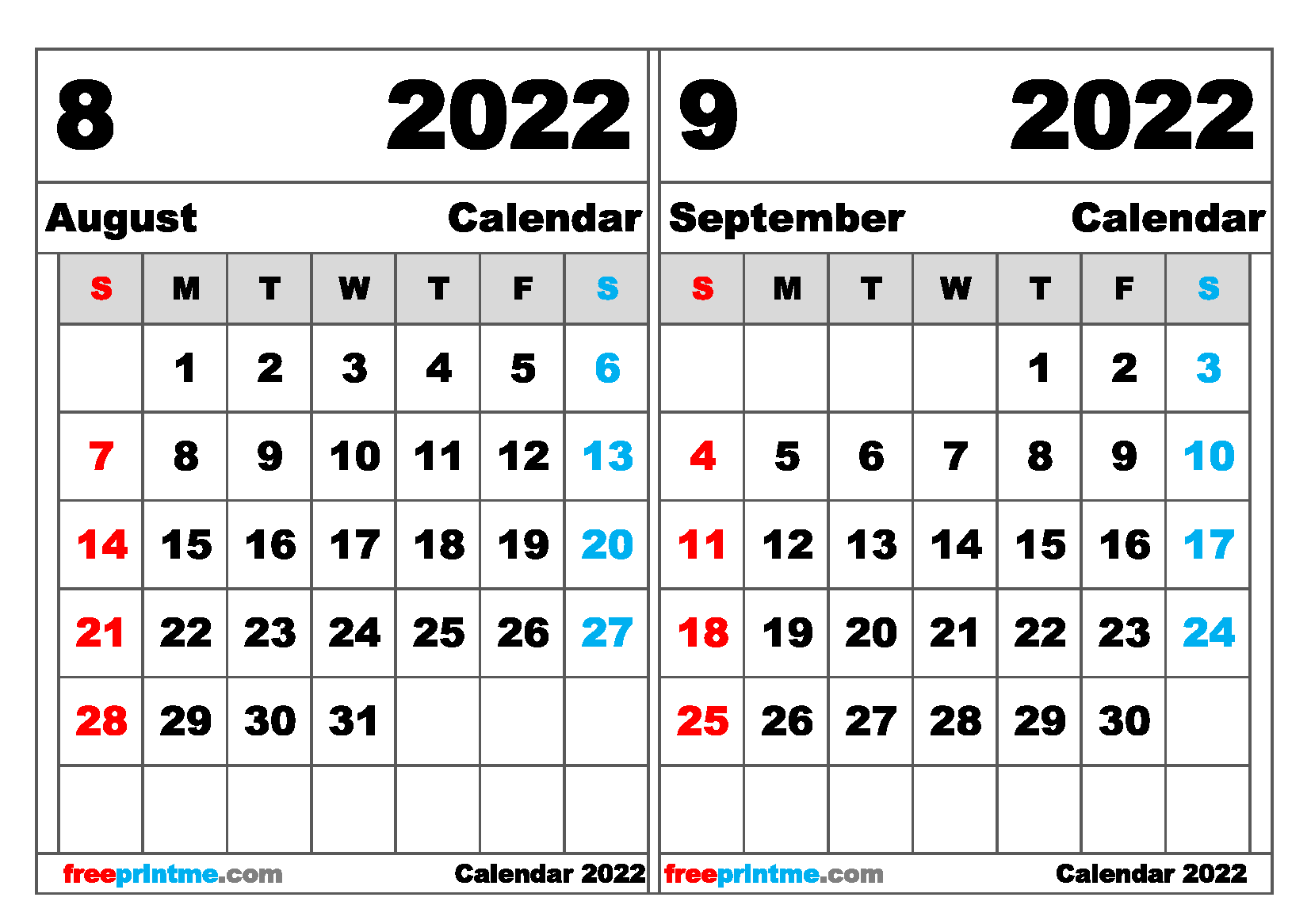 Free August September 2022 Calendar Printable Free Printable 2 Month Calendar 2022 (Variety of Sizes)