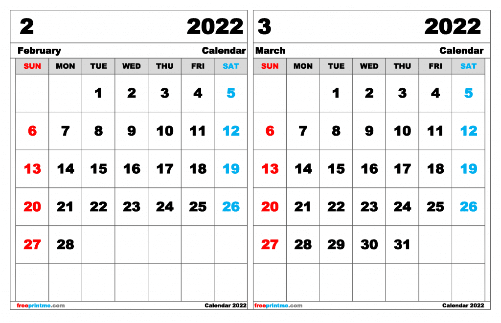 Free February March 2022 Calendar Printable (Variety of Sizes)