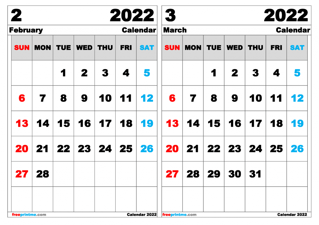 Free February March 2022 Calendar Printable (Variety of Sizes)