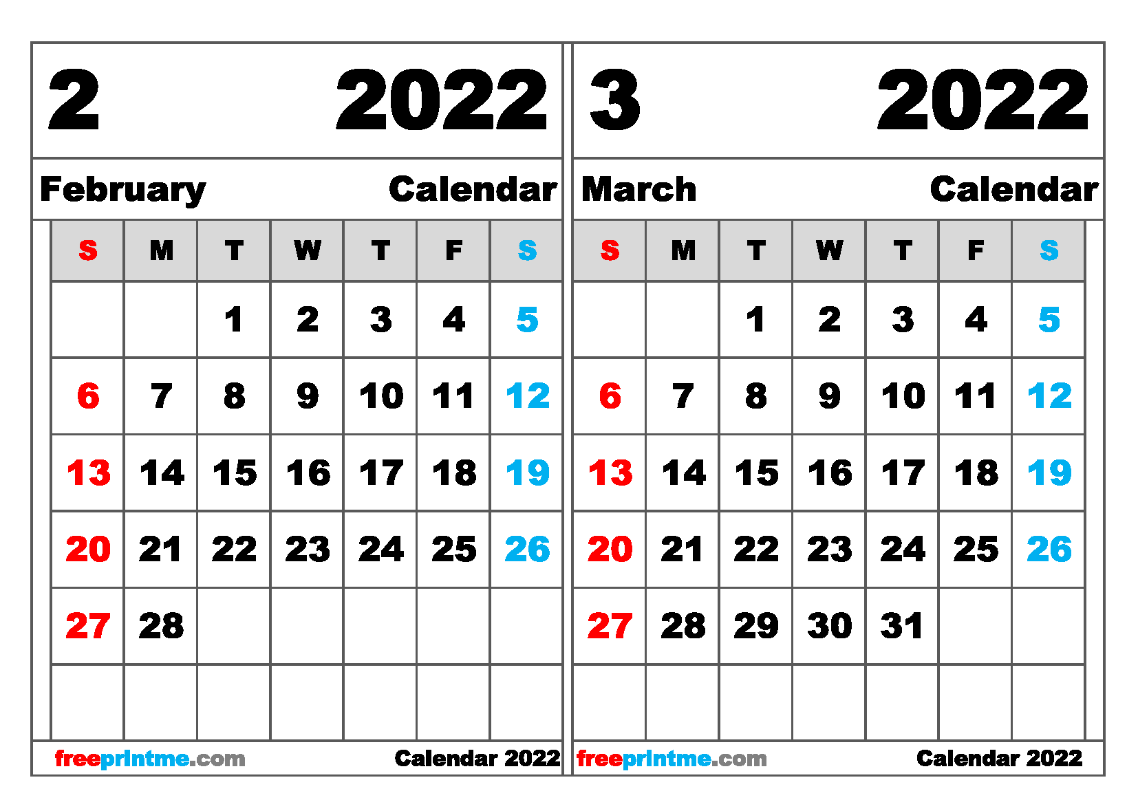 2 Month Calendar 2022 Free February March 2022 Calendar Printable Variety Of Sizes