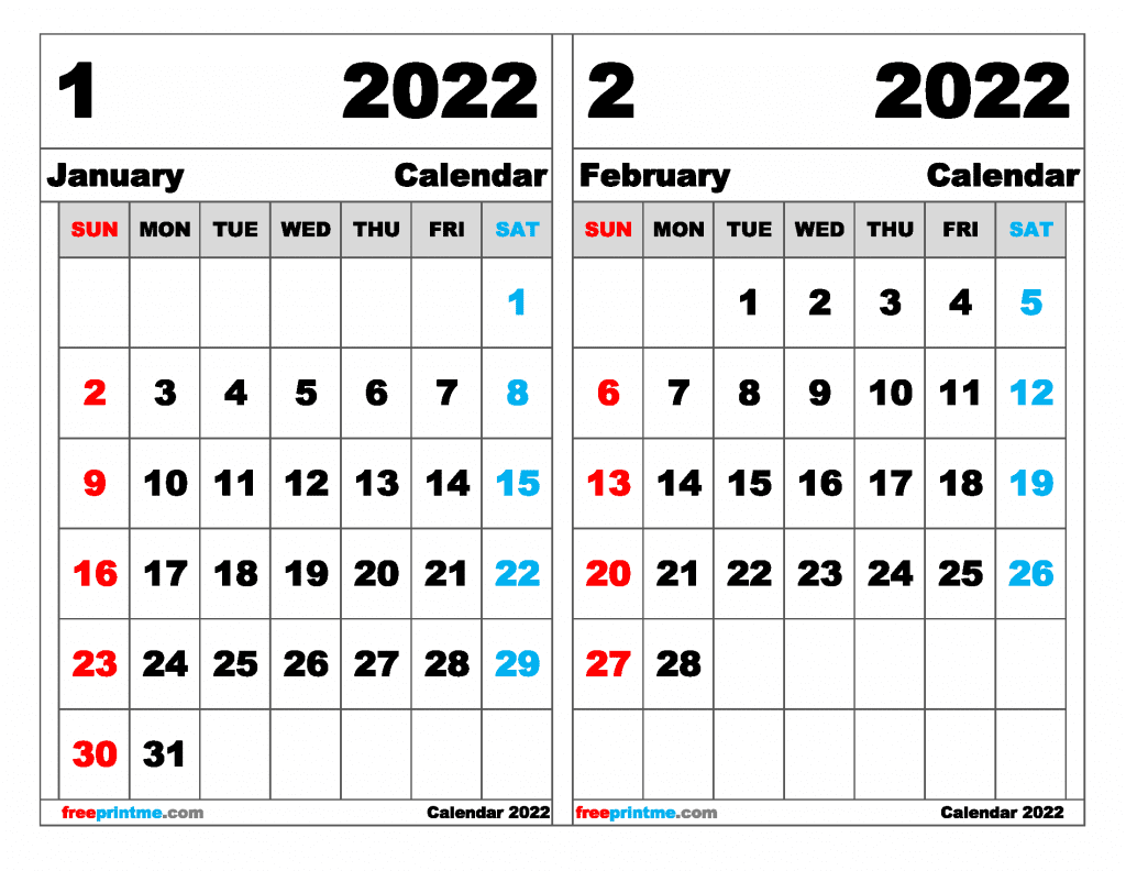 Free January February 2022 Calendar Printable Free Printable 2 Month Calendar 2022 (Variety of Sizes)