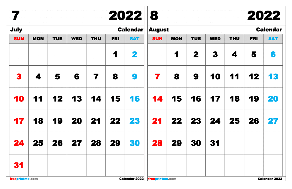 Free July August 2022 Calendar Printable (Variety of Sizes)