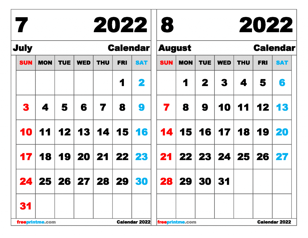 Free July August 2022 Calendar Printable Free Printable 2 Month Calendar 2022 (Variety of Sizes)