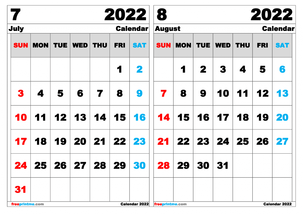 Free July August 2022 Calendar Printable (Variety of Sizes)