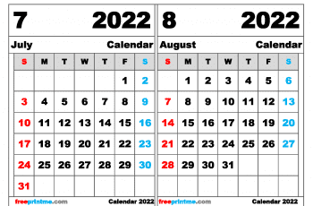 Free July August 2022 Calendar Printable