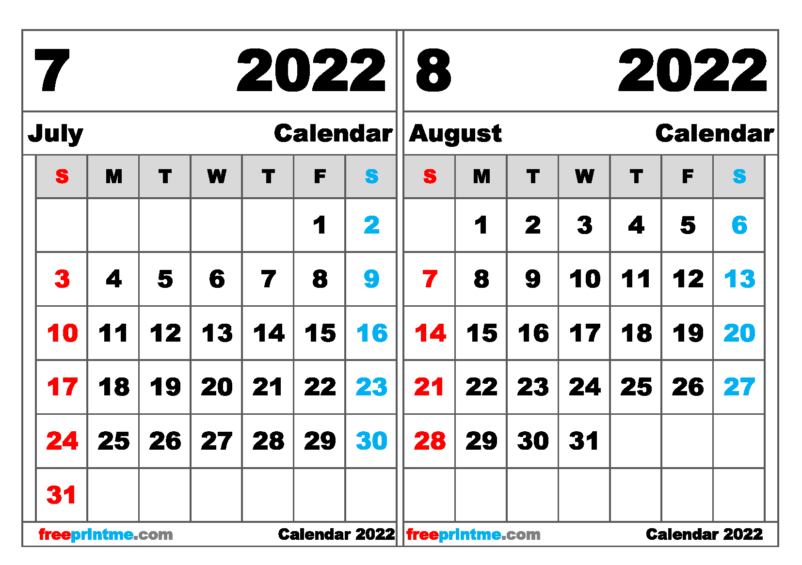 June July August Calendar 2022 Free July August 2022 Calendar Printable Variety Of Sizes