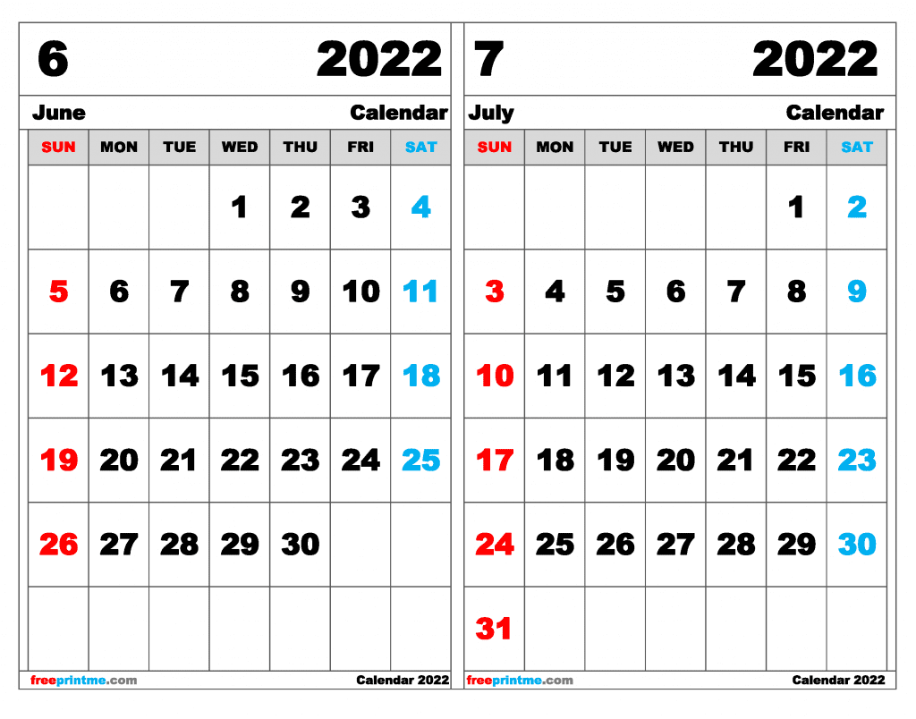 Free June July 2022 Calendar Printable (Variety of Sizes)
