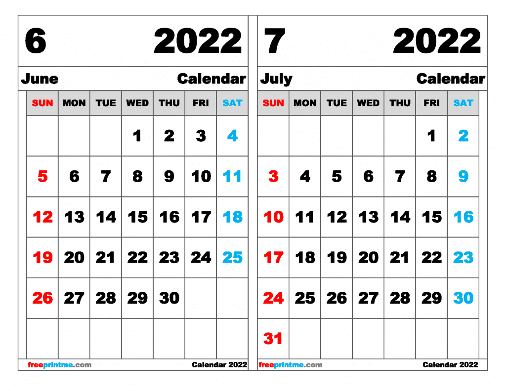Free June July 2022 Calendar Printable Free Printable 2 Month Calendar 2022 (Variety of Sizes)
