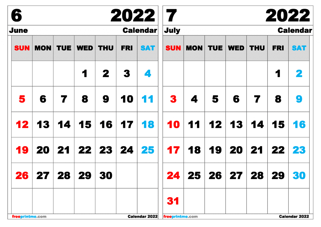 Free June July 2022 Calendar Printable (Variety of Sizes)
