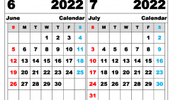 Free June July 2022 Calendar Printable