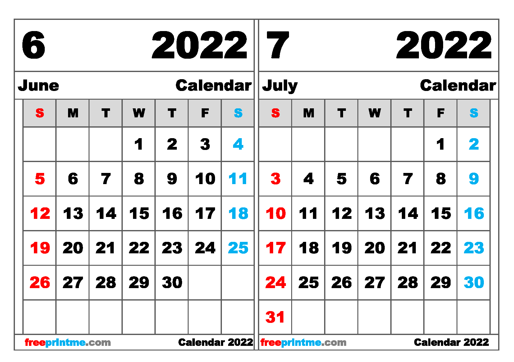 Free June July 2022 Calendar Printable Free Printable 2 Month Calendar 2022 (Variety of Sizes)