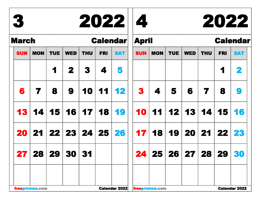 Free March April 2022 Calendar Printable Free Printable 2 Month Calendar 2022 (Variety of Sizes)