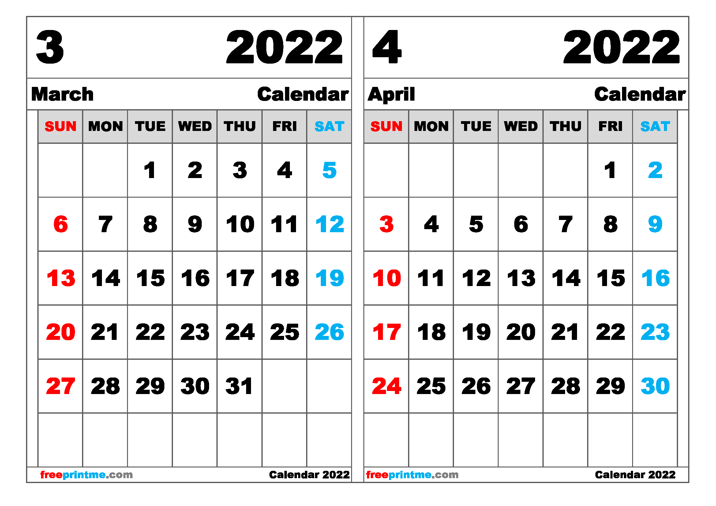 Free March April 2022 Calendar Printable (Variety of Sizes)