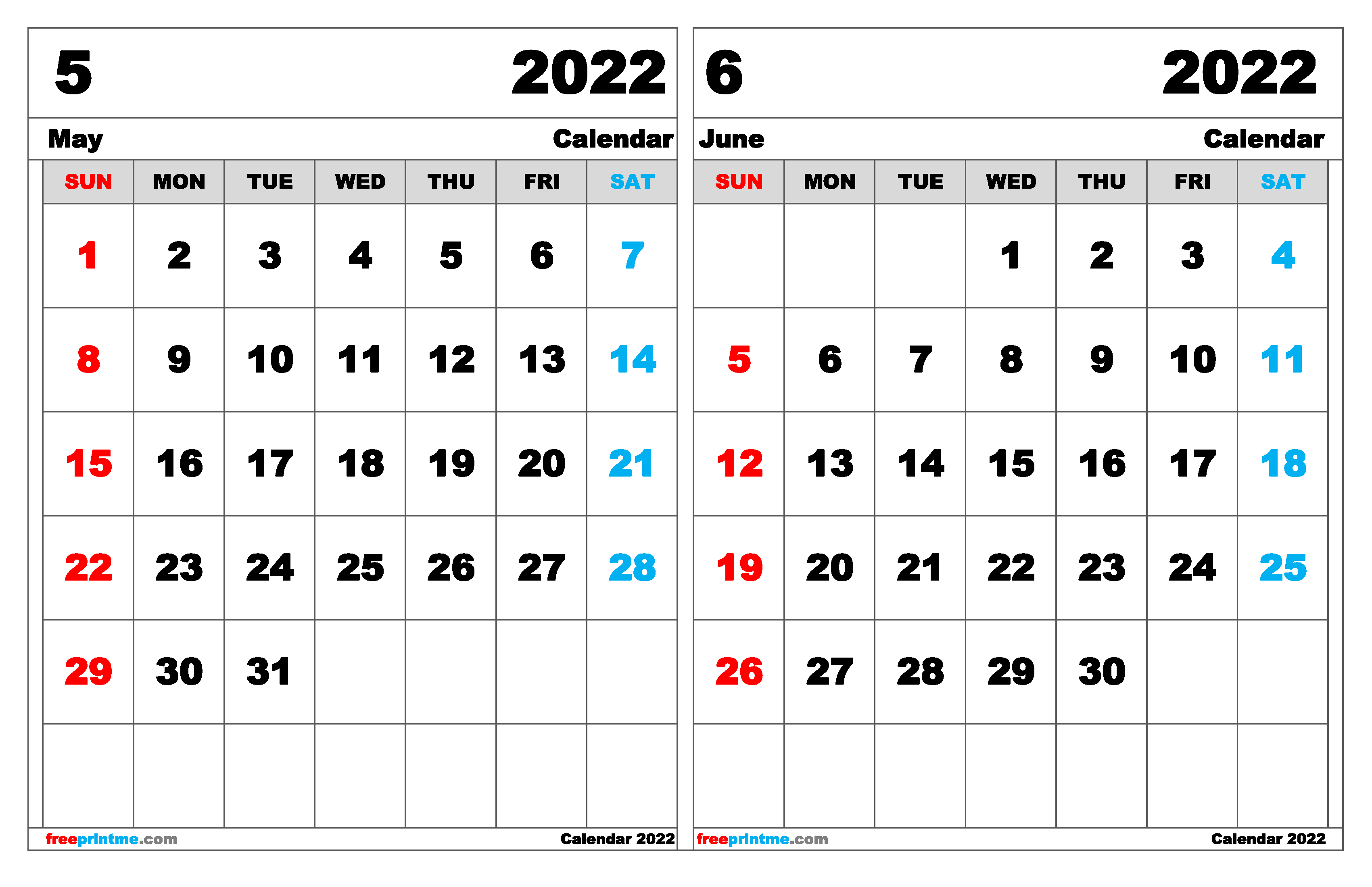 Free May June 2022 Calendar Printable Variety Of Sizes