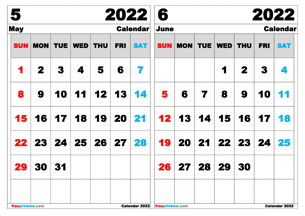 Free May June 2022 Calendar Printable (Variety of Sizes)