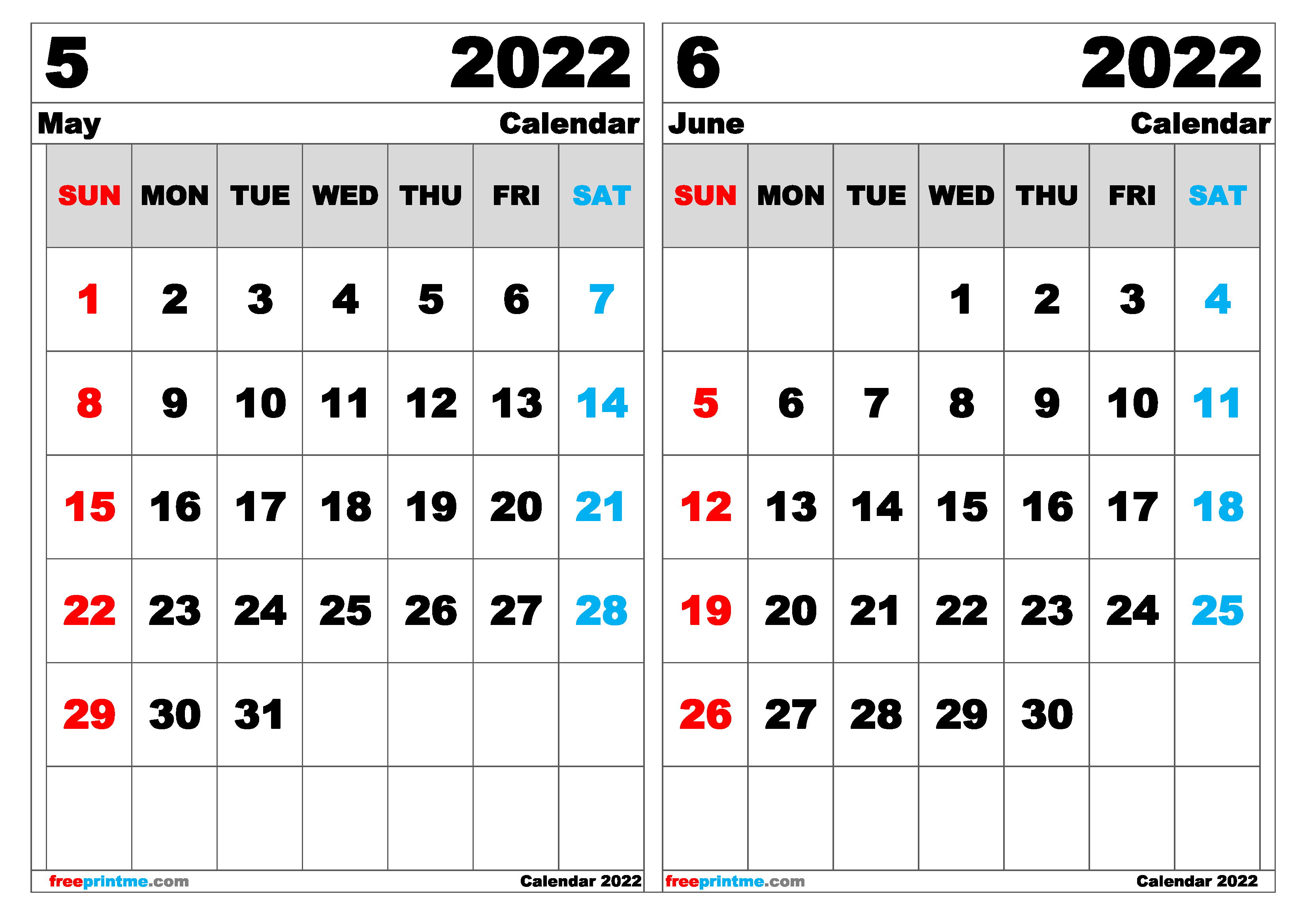 Free May June 2022 Calendar Printable Variety Of Sizes