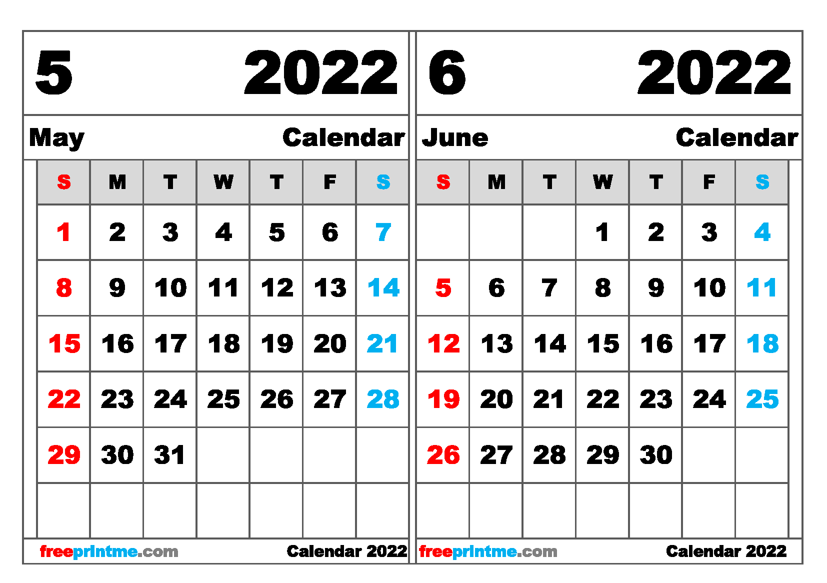 Free May June 2022 Calendar Printable Free Printable 2 Month Calendar 2022 (Variety of Sizes)