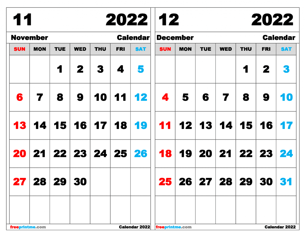 Free November December 2022 Calendar Printable (Variety of Sizes)