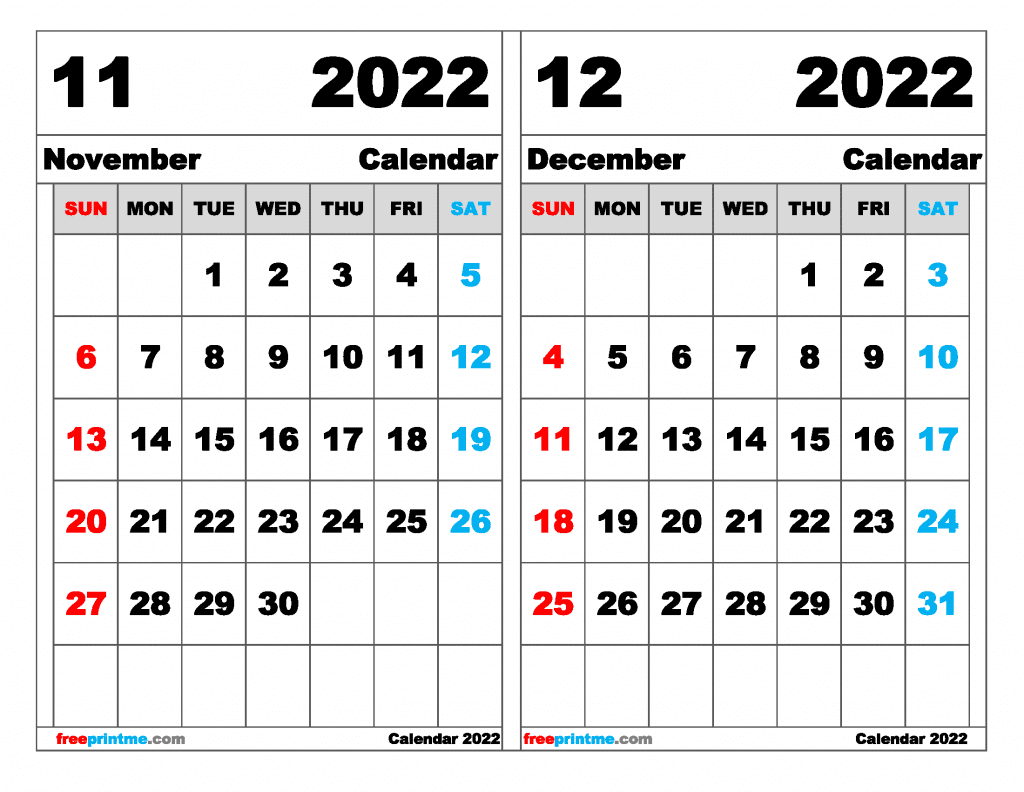 Free November December 2022 Calendar Printable Free Printable 2 Month Calendar 2022 (Variety of Sizes)