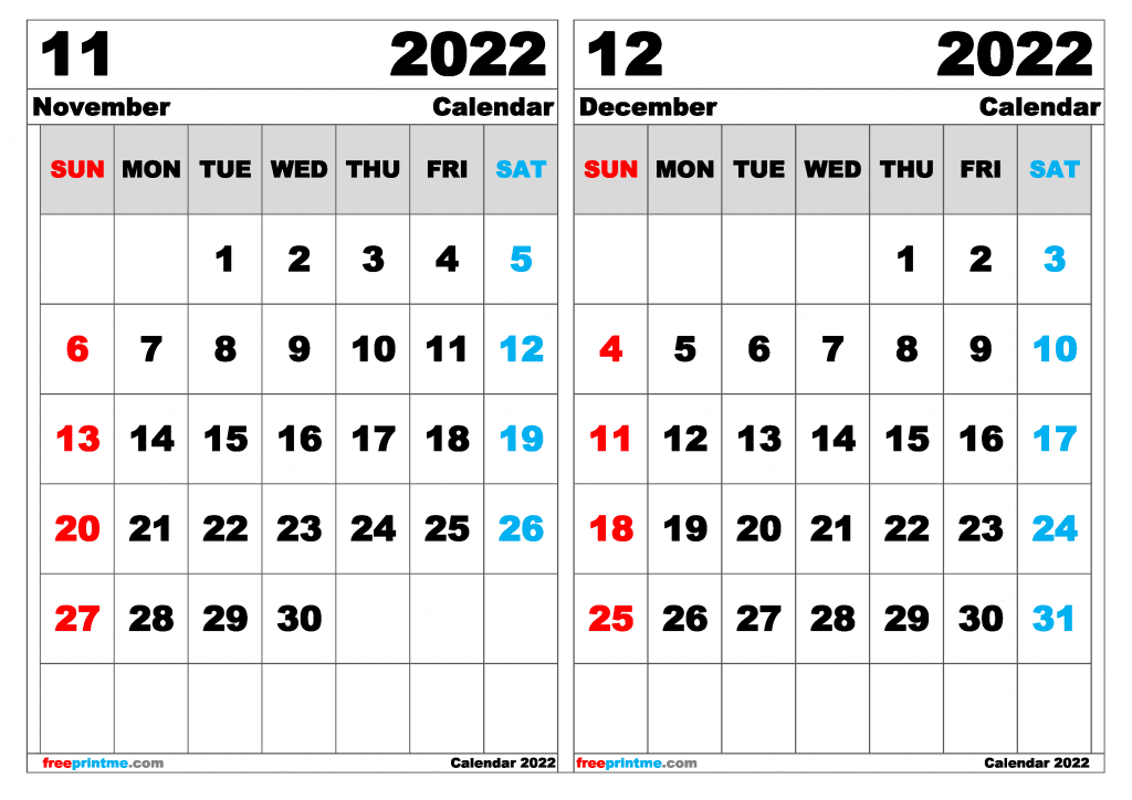 Free November December 2022 Calendar Printable (Variety of Sizes)