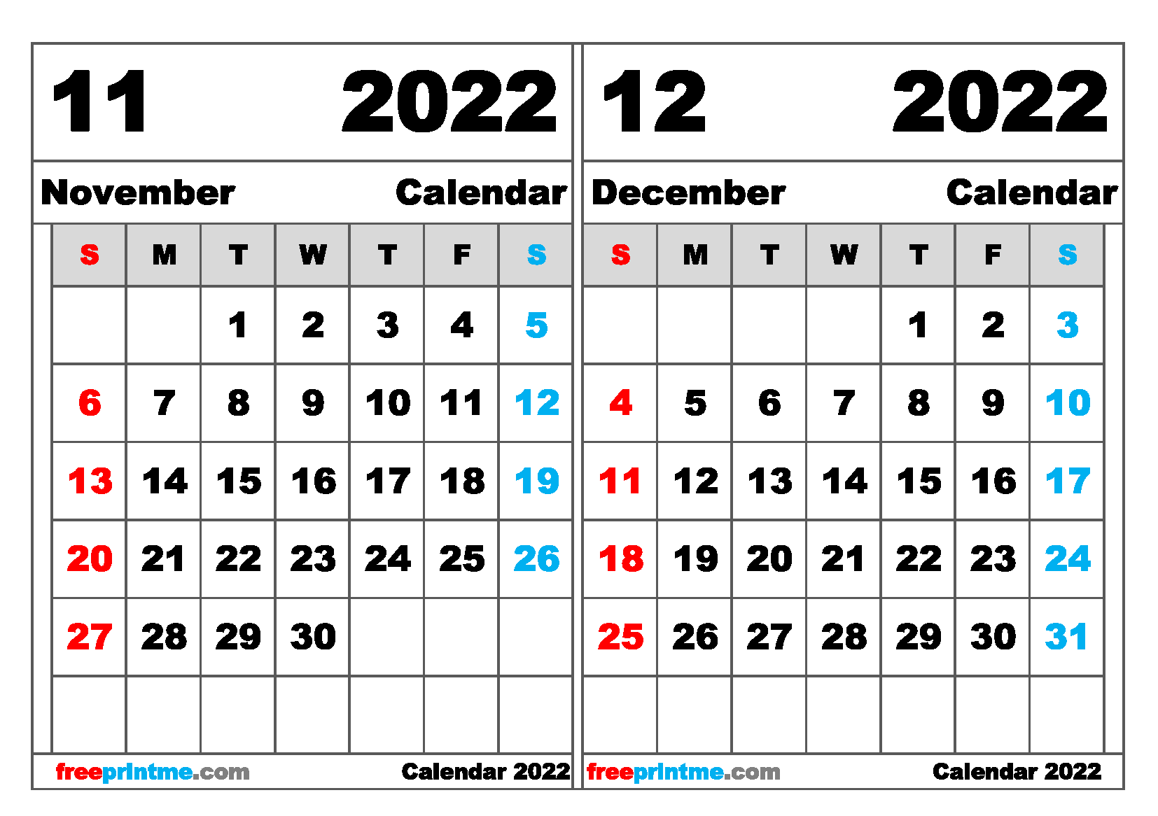 November December Calendar 2022 Free November December 2022 Calendar Printable Variety Sizes