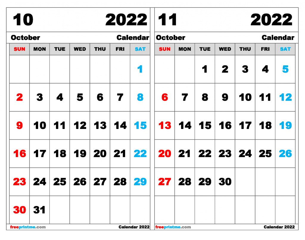 Free October November 2022 Calendar Printable (Variety of Sizes)