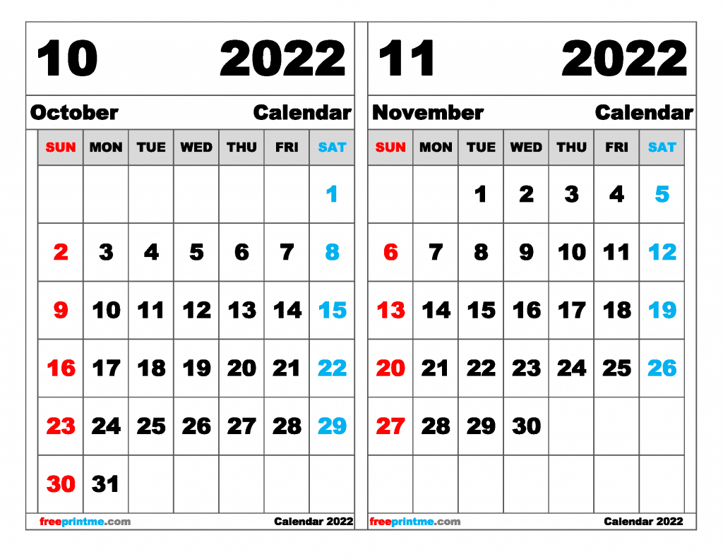 Free October November 2022 Calendar Printable Free Printable 2 Month Calendar 2022 (Variety of Sizes)