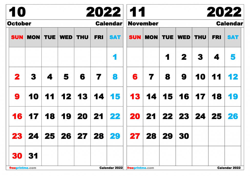 Free October November 2022 Calendar Printable (Variety of Sizes)