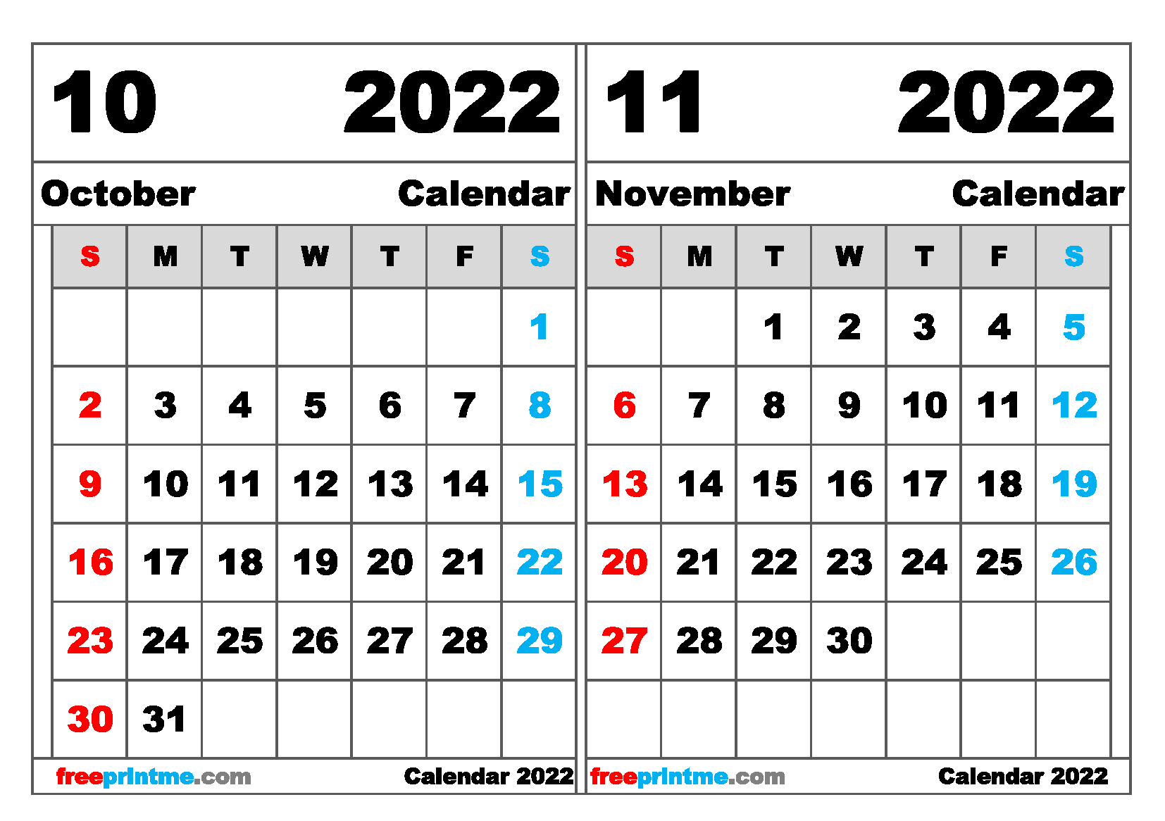 Free October November 2022 Calendar Printable Free Printable 2 Month Calendar 2022 (Variety of Sizes)