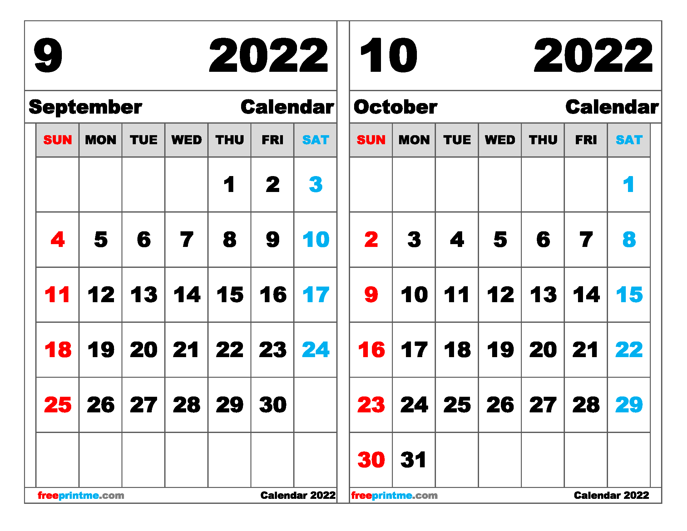 Free September October 2022 Calendar Printable Variety Sizes