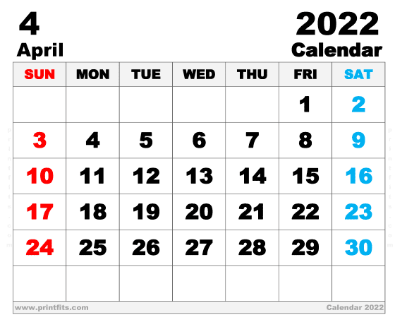 Free Printable April 2022 Calendar 14 x 11 Inches