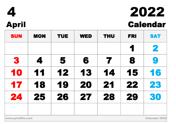 Free Printable April 2022 Calendar A3 Wide