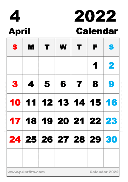 Free Printable April 2022 Calendar A5