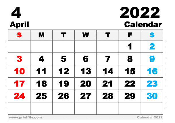 Free Printable April 2022 Calendar A5 Wide
