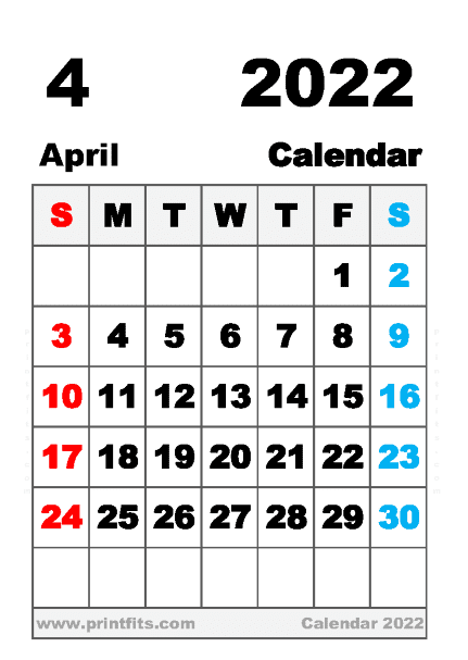 Free Printable April 2022 Calendar A6