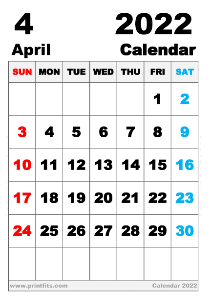 Free Printable April 2022 Calendar B5